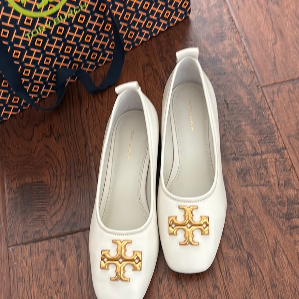 Tory Burch White Flats with Gold Accents